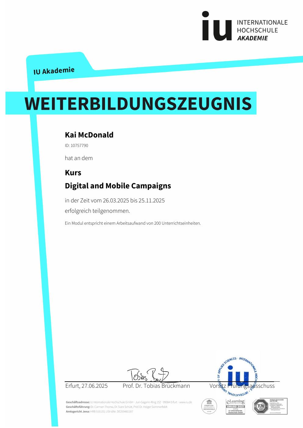 Zertifikat Digital & Mobile Campaigns – Kai McDonald